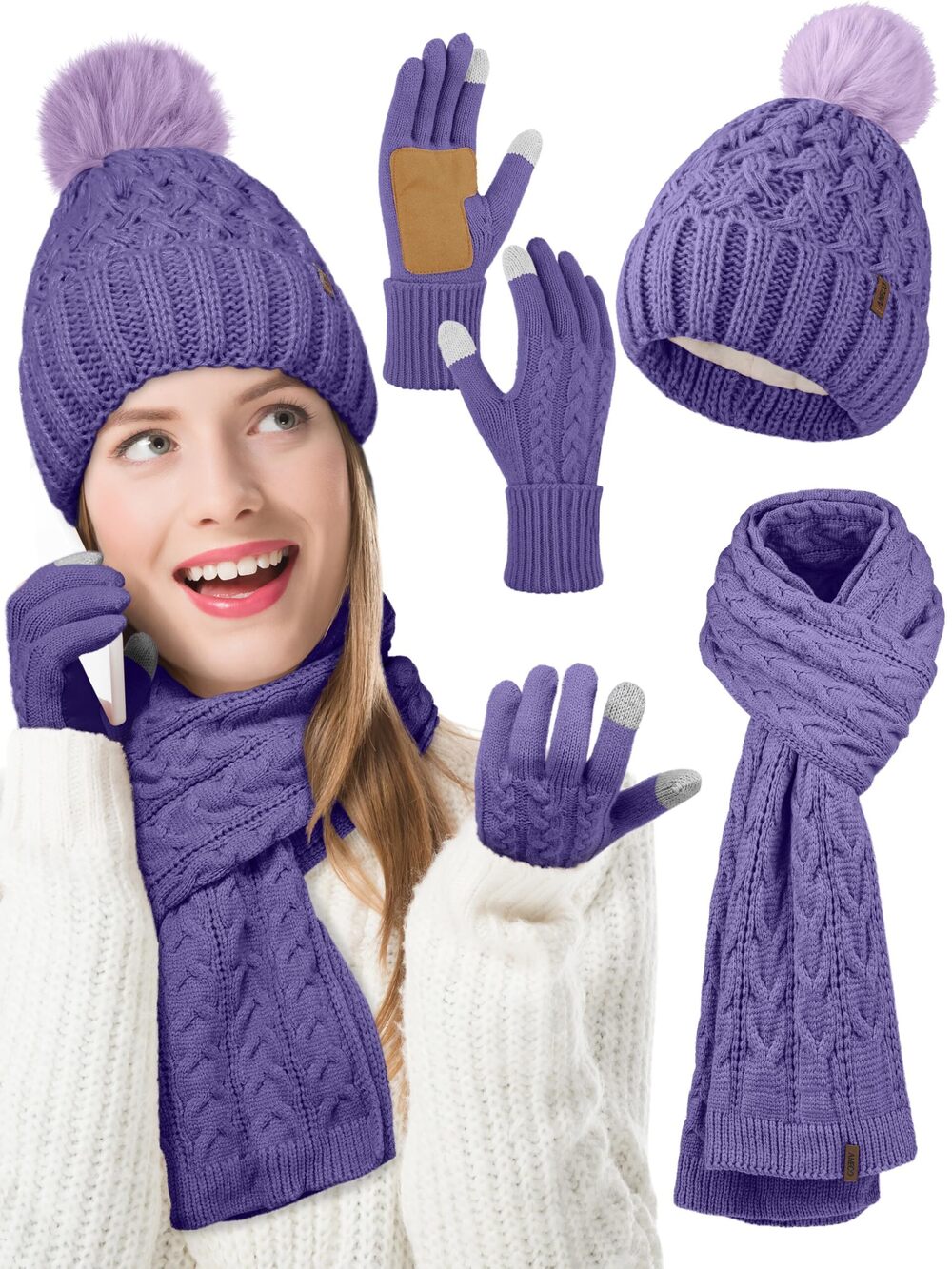 5295 Winter Beanie Hat Scarf Gloves with Pom Pom Fleece Lined Touchscreen